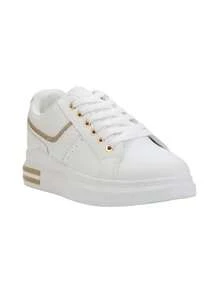 Retro Elegant Luxury Sequin Colorblock Snakeskin Embossed Casual Comfortable Sports Sneakers - White/Gold - View 2