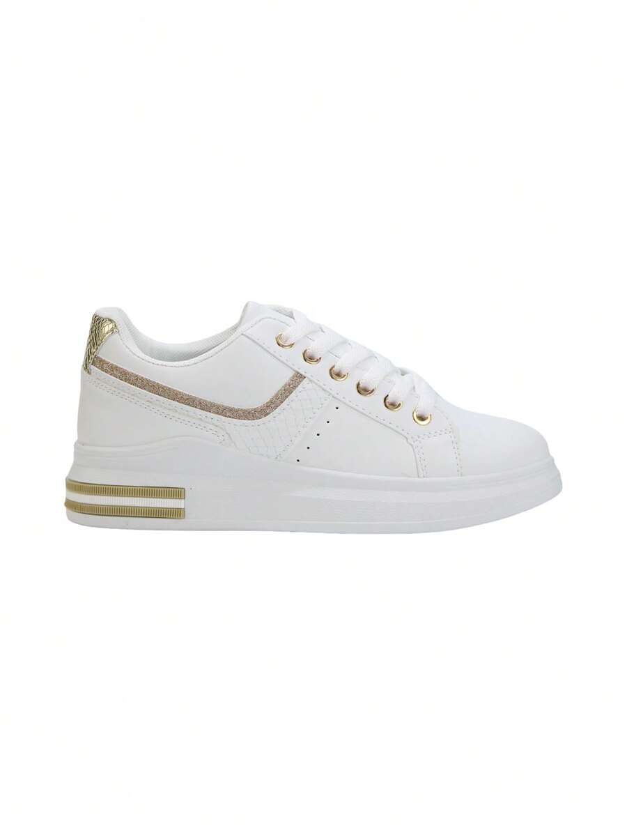 Retro Elegant Luxury Sequin Colorblock Snakeskin Embossed Casual Comfortable Sports Sneakers - White/Gold - View 1