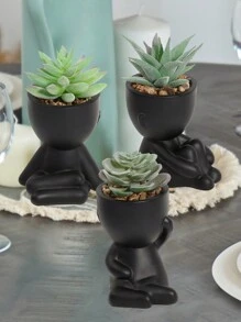 1 pieza/3 piezas Suculenta artificial, planta de suculenta individual pequeña en maceta, con tres formas a elegir, maceta negra, forma de dibujo animado, material PP, material PE, verde, decoración de mesa, decoración del hogar, decoración del jardín, escuela, dormitorio, decoración de oficina