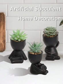1 pieza/3 piezas Suculenta artificial, planta de suculenta individual pequeña en maceta, con tres formas a elegir, maceta negra, forma de dibujo animado, material PP, material PE, verde, decoración de mesa, decoración del hogar, decoración del jardín, escuela, dormitorio, decoración de oficina