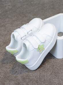 1 Pair Kids Unisex Casual Hook And Loop Breathable White Shoes With Star, Glitter & Patchwork Decor, Fashion Sneakers For School, Students, Toddlers