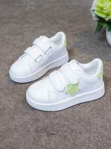 1 Pair Kids Unisex Casual Hook And Loop Breathable White Shoes With Star, Glitter & Patchwork Decor, Fashion Sneakers For School, Students, Toddlers