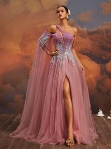 VIPGIRL Vestido de gala asimétrico elegante de tul y lentejuelas en color rosa palo con abertura alta y diseño de capa, vestido formal y de noche para mujer, vestido de graduación glamoroso, vestido de fiesta, vestido de invitada de boda - Rosa vieja - Ver 5