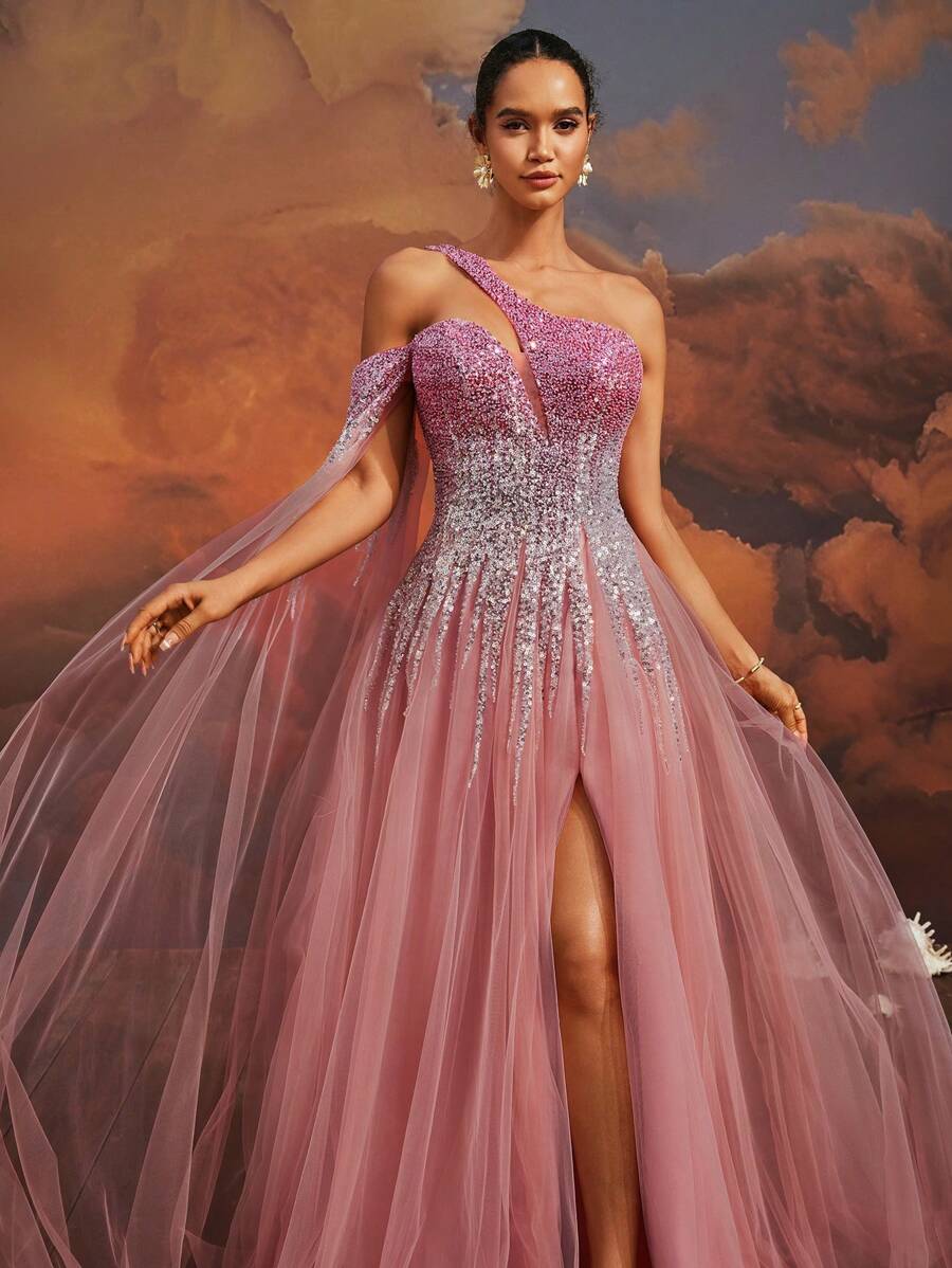 VIPGIRL Vestido de gala asimétrico elegante de tul y lentejuelas en color rosa palo con abertura alta y diseño de capa, vestido formal y de noche para mujer, vestido de graduación glamoroso, vestido de fiesta, vestido de invitada de boda