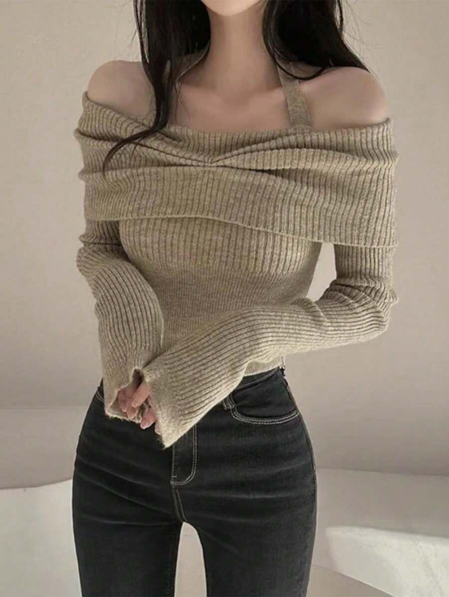 露肩长袖上衣，小众设计，迷人短款露背毛衣 - 駝色 - 查看 1