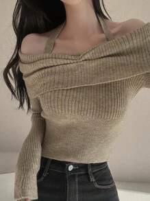 露肩长袖上衣，小众设计，迷人短款露背毛衣 - 駝色 - 查看 4