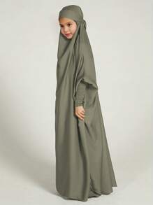 穆斯林青少年女孩长袍纯色长款卡夫坦长袍儿童长袍连衣裙青少年女孩服装礼物（不可拆卸头巾） - 綠色 - 查看 4