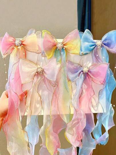 1個 ティーンズヘアバンド 女の子用レインボーリボン編み込みヘアクリップ プリンセス向けヘアアクセサリー ポニーテール用 (展示用のみ)