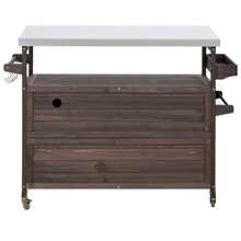 Roomfitters Outdoor Kitchen Island Rolling Bar Cart & Storage Cabinet, Farmhouse Solid Wood Outdoor Grill Table With Stainless Steel Top, Spice Rack, Towel Rack For Kitchen & Barbecue