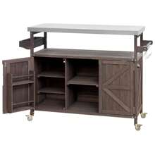 Roomfitters Outdoor Kitchen Island Rolling Bar Cart & Storage Cabinet, Farmhouse Solid Wood Outdoor Grill Table With Stainless Steel Top, Spice Rack, Towel Rack For Kitchen & Barbecue