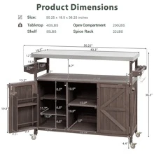 Roomfitters Outdoor Kitchen Island Rolling Bar Cart & Storage Cabinet, Farmhouse Solid Wood Outdoor Grill Table With Stainless Steel Top, Spice Rack, Towel Rack For Kitchen & Barbecue