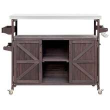 Roomfitters Outdoor Kitchen Island Rolling Bar Cart & Storage Cabinet, Farmhouse Solid Wood Outdoor Grill Table With Stainless Steel Top, Spice Rack, Towel Rack For Kitchen & Barbecue