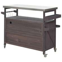 Roomfitters Outdoor Kitchen Island Rolling Bar Cart & Storage Cabinet, Farmhouse Solid Wood Outdoor Grill Table With Stainless Steel Top, Spice Rack, Towel Rack For Kitchen & Barbecue