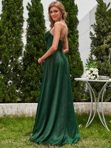 EVERPRETTY Women's Elegant Spaghetti Strap Split Hem Gala Party Dress, Formal, Gown, For Evening, Wedding Guest - Dark Green - View 4