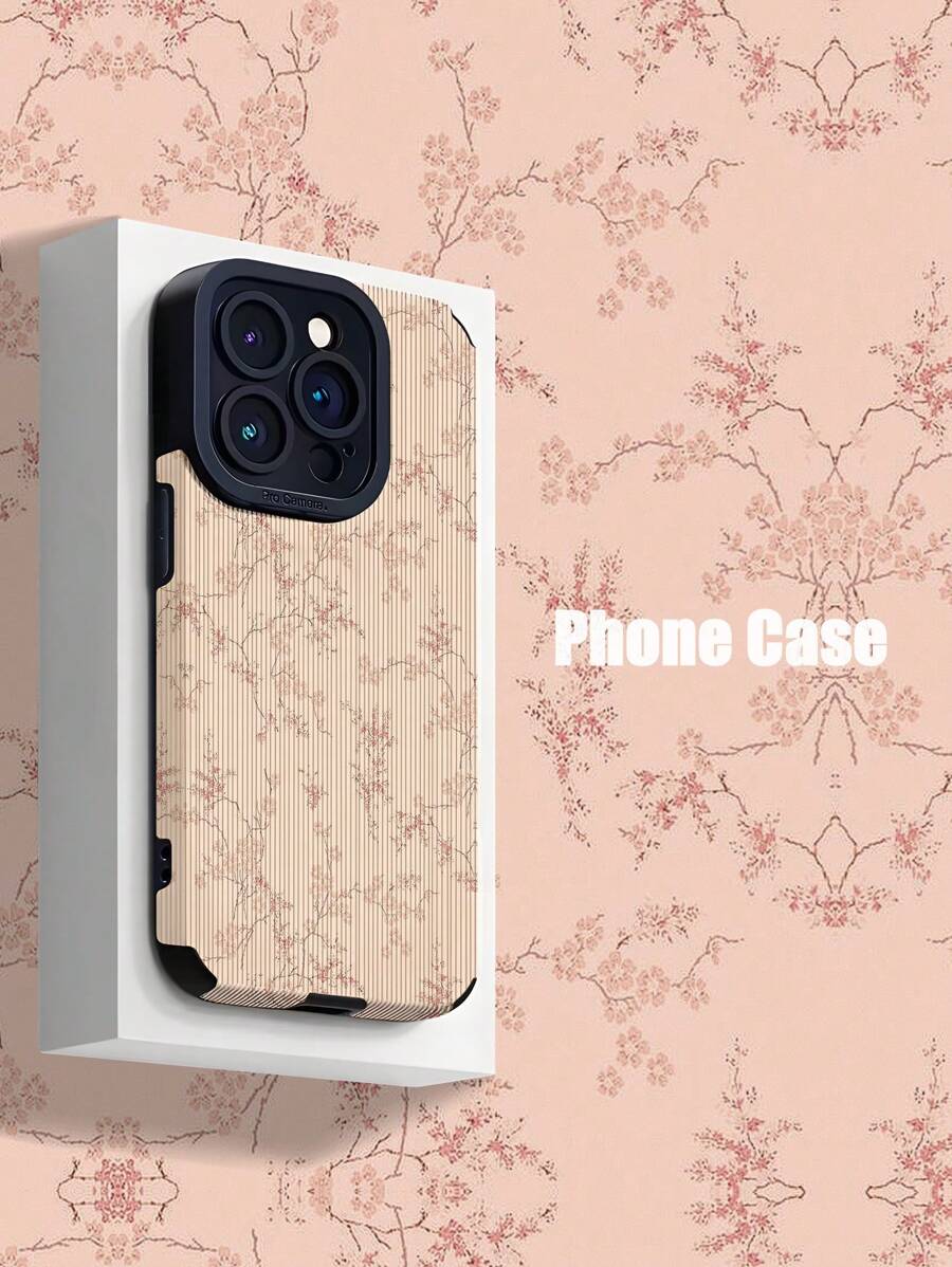 1 pieza Funda de teléfono protectora de piel sintética con rayas verticales de rama de flor rosa y blanca vintage, compatible con Apple y 15/15 PLUS/15 PRO/15 Pro Max - Multicolor - Ver 1