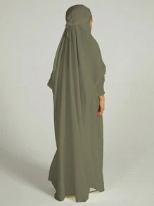 穆斯林青少年女孩长袍纯色长款卡夫坦长袍儿童长袍连衣裙青少年女孩服装礼物（不可拆卸头巾） - 綠色 - 查看 5
