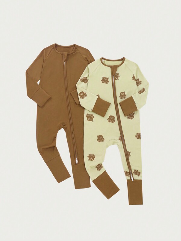 Set de 2 piezas de pelele de manga larga para bebé niño, con estampado de oso + unicolor, suave, transpirable, de gran elasticidad, pelele de manga larga con cremallera doble (con cubiertas de pie plegables)
