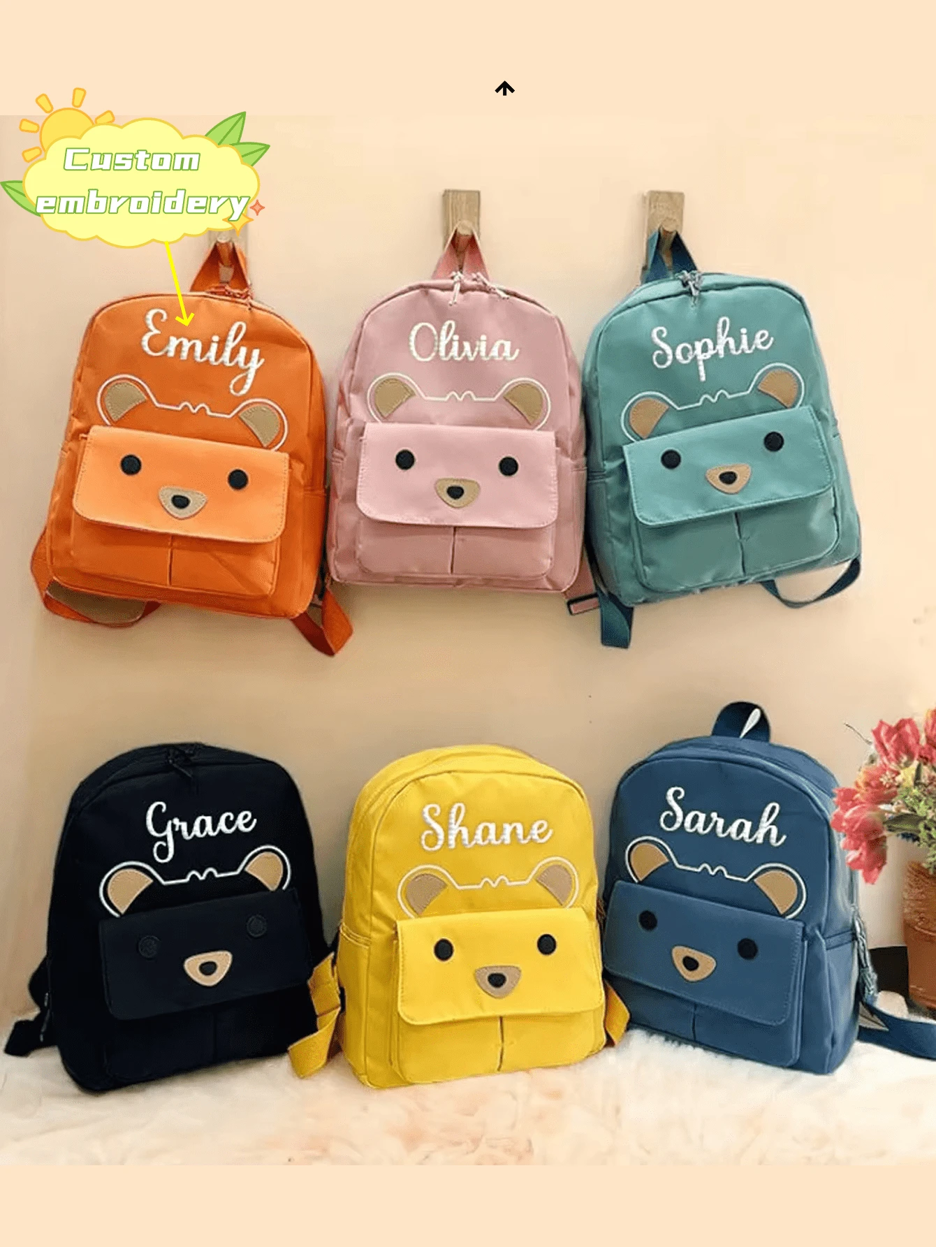 定制刺绣字母和熊图案可爱背包，适合男孩和女孩的时尚休闲学生书包，时尚背包，学龄前小学生背包，户外旅行便携式背包 - 彩色 - 查看 1