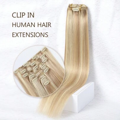 Yilite Hair Extensions Clip Ins 14-20 Inch 7pcs Ash Blonde Highlighted Bleach Blonde Clip In Hair Extensions Human Hair Straight Clip In Hair Extensions Real Human Hair Double Weft (14-20 Inches #P18/613 Ash Blonde Highlighted Bleach Blonde )