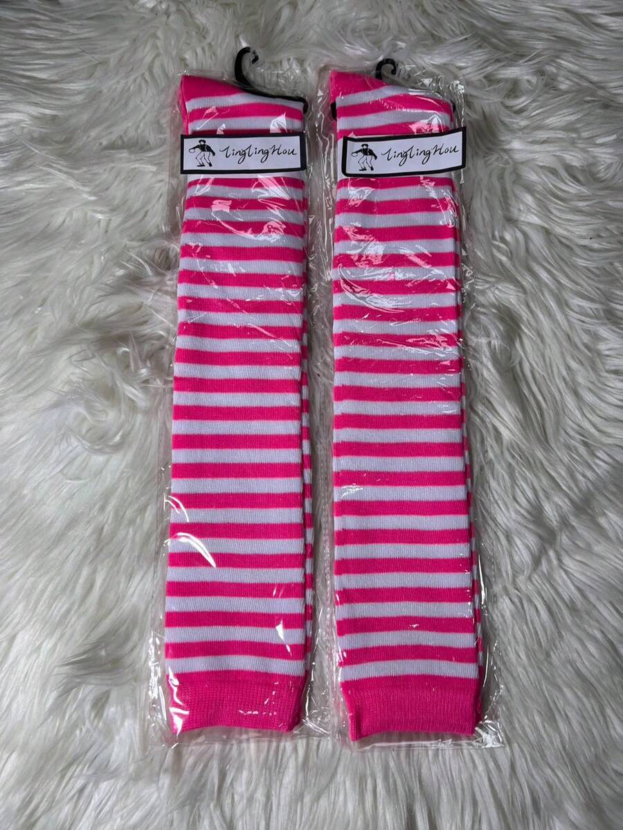 Kit With 1/2/3 Striped Socks FOOTBALL 7/8 Lolita Schoolgirl Long Egirl Anime Cosplay - Hồng - Xem 1