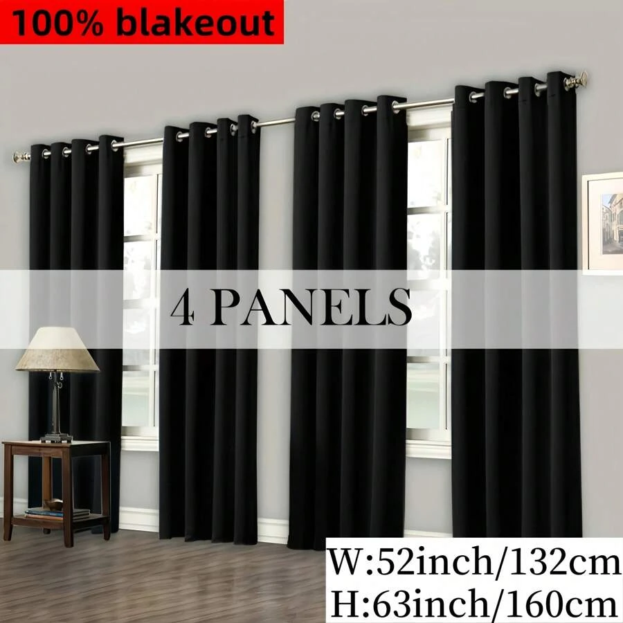 4panels,100%Blackout Modern Minimalist Bedroom Curtains, Top Loop Suspension, Solid Color Polyester Fabric, Laminated Lining, Suitable For Bedroom, Living Room, Office, Kitchen, Dining Room, Garden, Holiday Home Decoration - Grey - View 1