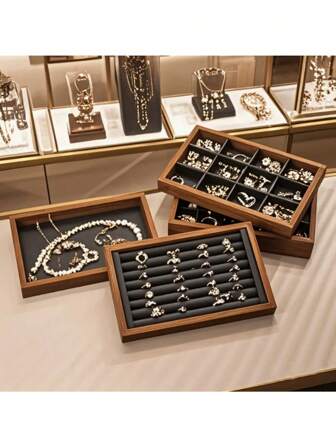 1 件装珠宝托盘展示盘黑胡桃色亚麻托盘珠宝耳环戒指收纳展示珠宝照片盘女士礼物