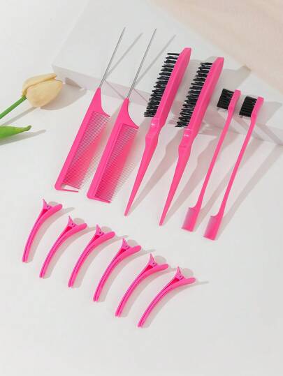 12pcs Hair Styling Brush Set, Nylon Volumizing Styling Brushes, Double-Sided Hairline Brush, Pointed Tail Comb, Fluffy Hair Styling Tools, With Hair Clips, Hair Brush, Comb, Hair Styling Tools, Hair Products And Accessories, Suitable For Barbershops, Beauty Salons, Travel Essentials