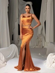 Faeriesty 优雅水钻细节吊带背心上衣开叉大腿美人鱼下摆连衣裙 2 件套 - 橘色 - 查看 8