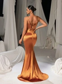 Faeriesty 优雅水钻细节吊带背心上衣开叉大腿美人鱼下摆连衣裙 2 件套 - 橘色 - 查看 3