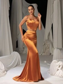 Faeriesty 优雅水钻细节吊带背心上衣开叉大腿美人鱼下摆连衣裙 2 件套 - 橘色 - 查看 7