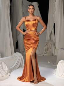 Faeriesty 优雅水钻细节吊带背心上衣开叉大腿美人鱼下摆连衣裙 2 件套 - 橘色 - 查看 4