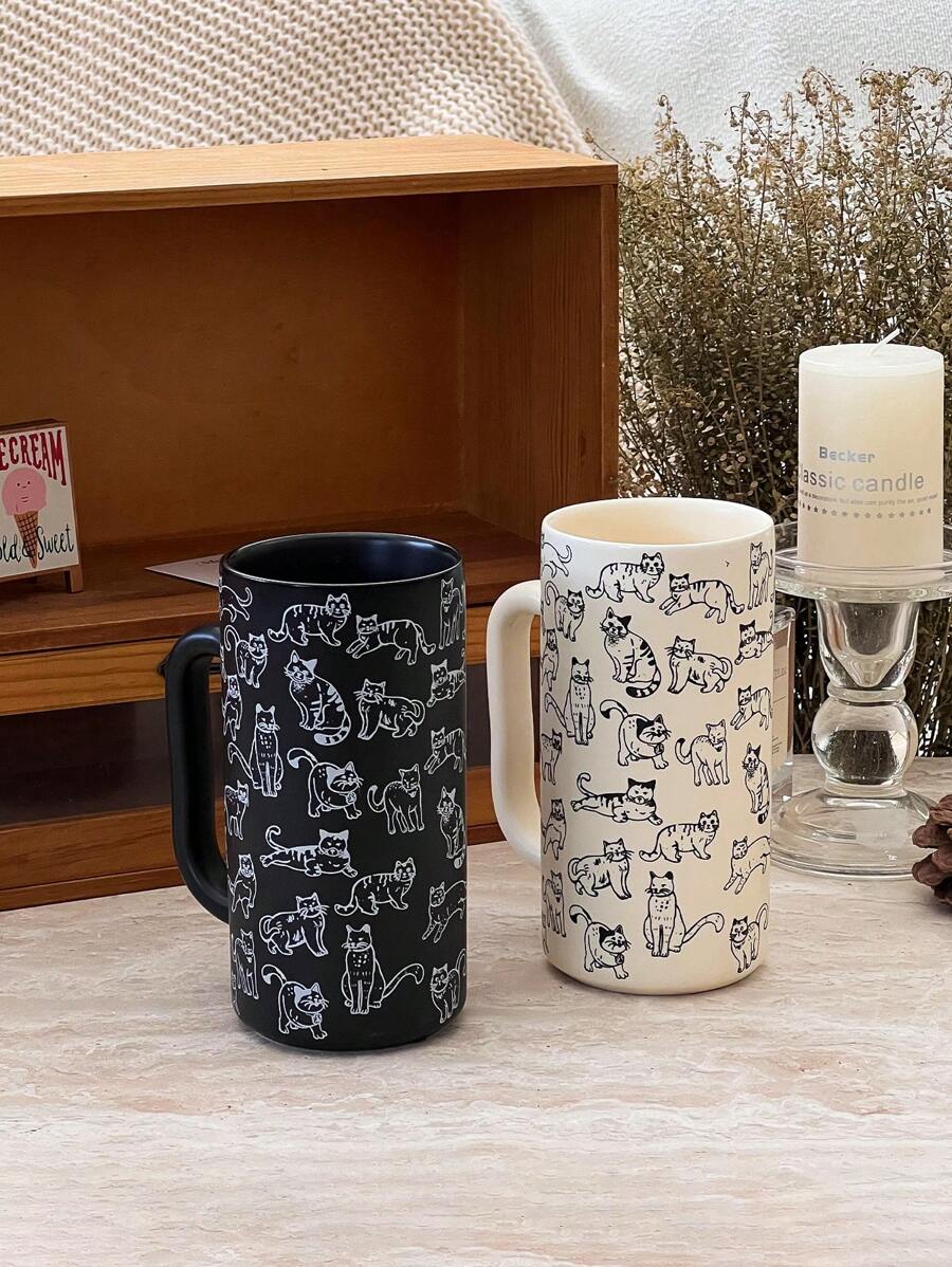 Cute Cat Pattern Ceramic Mug, Single Piece In Black Or Beige Tall Style Coffee Cup With Large Handle, Adorable Animal Print Tea Cup, Essential For Cat Lovers, Christmas Series Gift, Home, Office, Kitchen Decor And Holiday Present - Multicolor - View 1