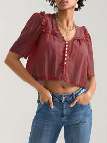 Women Short Sleeve Shirts Lace Ruffles Buttons Blouses Summer Loose Casual Tops - 紅色 - 查看 2