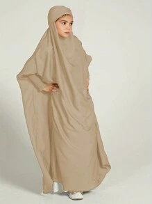 Muslim Tween Girl Girls Abaya Solid Long Kaftan Abaya Enfant Robe Dress Tween Girl Clothes For Gift(Non-Removable Turban) - Champagne - View 2