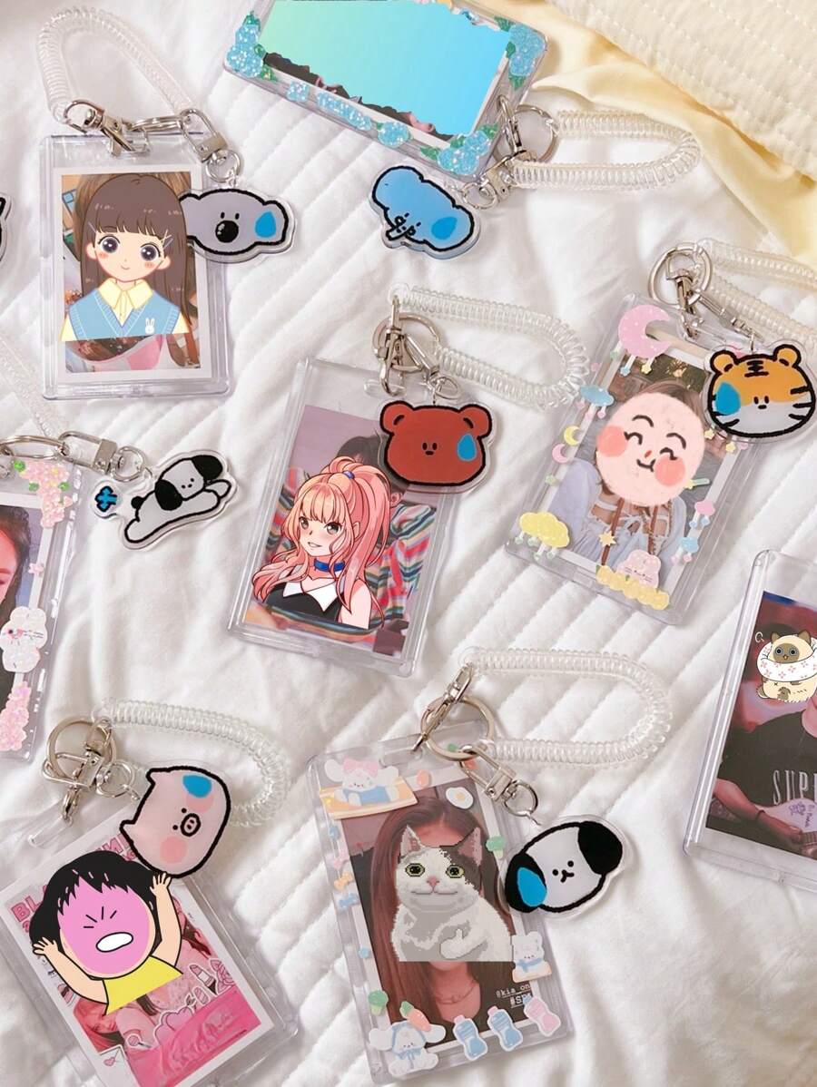 1pc Korean Style Cute Acrylic Transparent Elastic Cord Card Holder Cartoon Decoration Clip For Student ID Card, Bus Card, Bank Card, Portable