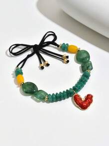 Inimă mare exagerată, sexy, cu ulei roșu picurat, mărgele de rășină verde, cutie inimă antică din argint și auriu, monedă vintage, model floral cu trandafir, stras cu stea și lună, curea din piele cu fundă, mărgele artificiale de chihlimbar, colier bijuterii pentru femei cu mai multe straturi, cu diverse talismane, potrivit pentru petreceri, nunți, sărbători și alte ocazii speciale pentru a scoate în evidență stilul și farmecul feminin.