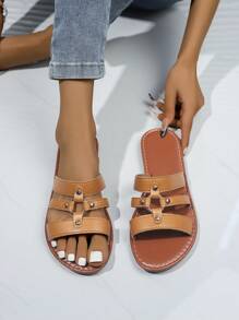 New Classic Retro Black Strap Flat Sandals, Lightweight, Comfortable For Home, Leisure, Beach Wear - Light Brown - View 3