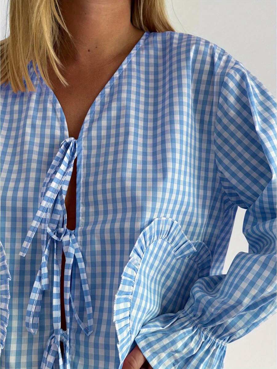 Womens Tie-Up Front Tops Long Sleeve V Neck Plaid Print Shirts Blouses With Heart Pockets - màu xanh nhạt - Xem 1