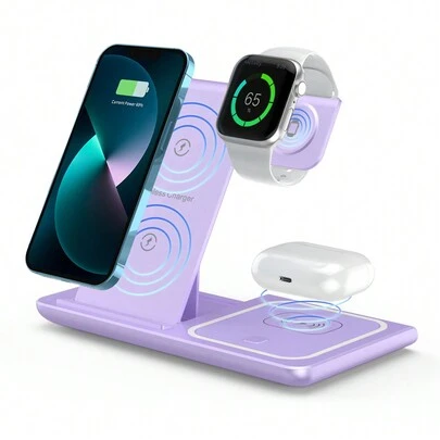 1 Purple Wireless Charging Station 15W Fast Wireless Charger Suitable Compatible With Iphone 8-16 Plus Pro,Pro,Max,Series, For Iwatchs 3-10,SE,Ultra,Compatible With Airpods 2-4 Pro Suitable For Office, Dorm, And Home Office Dorm Home Phone Charger
