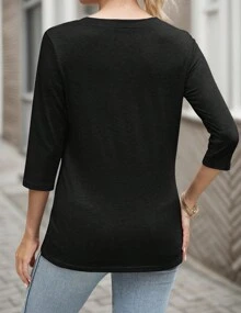 hoteel Women's V Neck 3/4 Sleeve T-Shirt Basic T-Shirt Loose Fit Tops - 黑色 - 查看 2