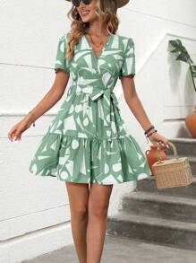 Women's V-Neck Lace-Up Geometric Print Dress, Ruffle Hem Dress - Green - View 6