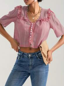 Women Short Sleeve Shirts Lace Ruffles Buttons Blouses Summer Loose Casual Tops - Dusty Pink - View 3