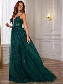 带亮片刺绣的闪亮薄纱蕾丝舞会礼服，深 V 领细肩带返校节礼服，露背 A 字形精致女士正式晚礼服，拖地长裙派对舞会礼服，婚礼宾客礼服 - 綠色 - 查看 4