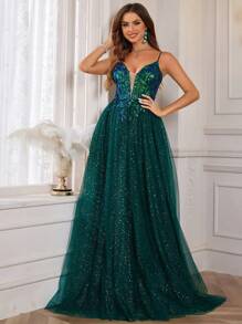 带亮片刺绣的闪亮薄纱蕾丝舞会礼服，深 V 领细肩带返校节礼服，露背 A 字形精致女士正式晚礼服，拖地长裙派对舞会礼服，婚礼宾客礼服 - 綠色 - 查看 5
