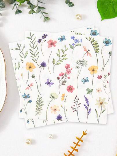 16pcs 6.5inch Disposable Napkins, Spring Floral Pattern Napkins For Picnic, Wedding Tea, Bridal Shower, First 1st Happy Birthday Party Supplies