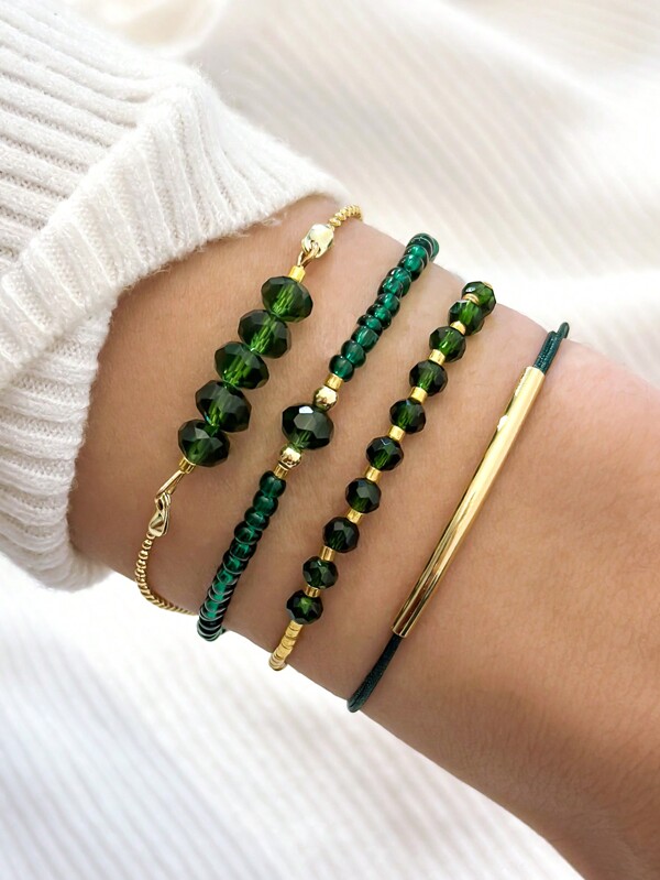 Set de 4 piezas de pulseras hechas a mano con cuentas de cristal verde para mujeres, regalos de joyería para fiestas y vacaciones