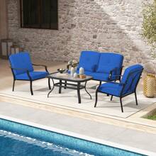 Homasis 2 PCS Patio Metal Chairs Outdoor Dining Seat Heavy Duty W/ Cushions Garden Blue - Blue - View 4