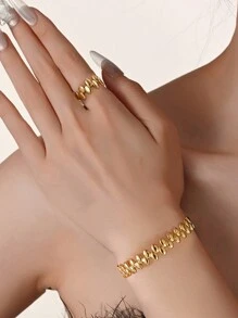 2件套或1件装18K镀金不锈钢水滴形手链戒指套装，女士珠宝，婚礼派对，约会礼物 - 金黃色 - 查看 1