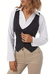 Female Waistcoat, Solid Color/ Striped V-Neck Sleeveless Tops Blouse Vest For Summer, S/M/L/XL/XXL - Khaki - View 2