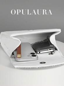 OpulAura Women's Elegant Autumn/Winter Luxury Velvet Flap Clutch, Sparkling Rhinestone Decor Minimalist Fashion Handbag, Suitable For Formal Occasions, Party/Wedding/Events, Birthday/Christmas Gift, With Detachable Chain - White - View 4